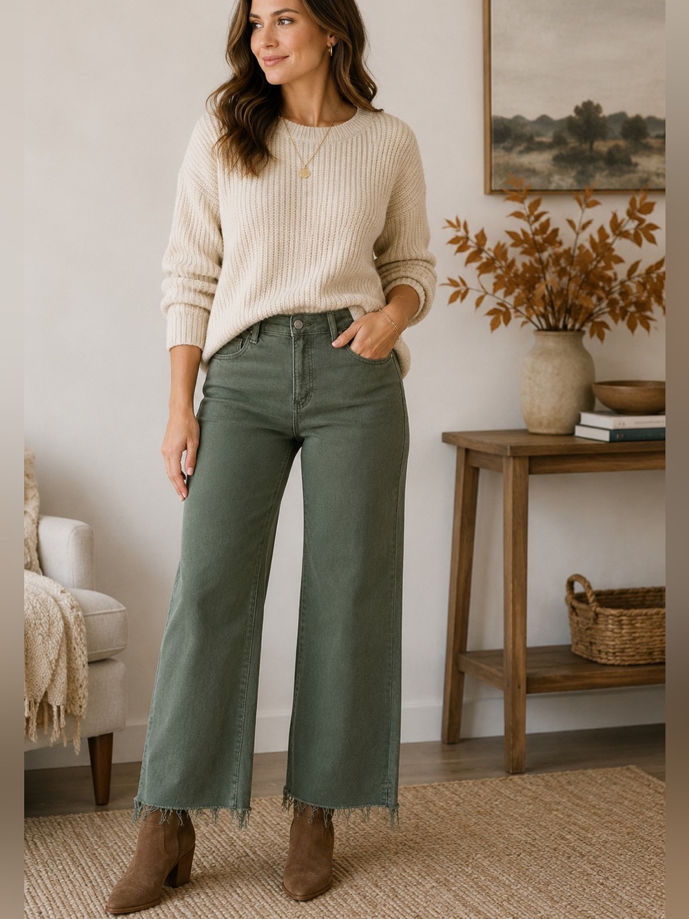Olive Green Wide Leg Jeans Size 11/30 NWT Raw Hem